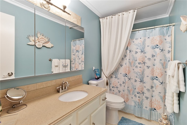 bathroom featuring tile patterned flooring, crown molding, toilet, vanity, and a shower with shower curtain