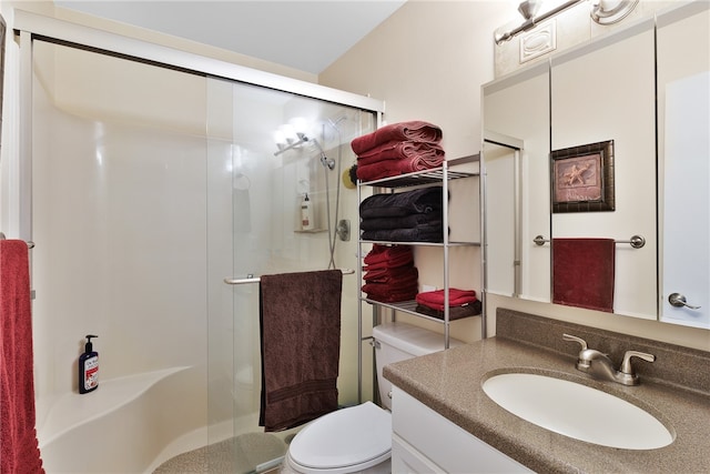 bathroom with vanity, toilet, and a shower with door