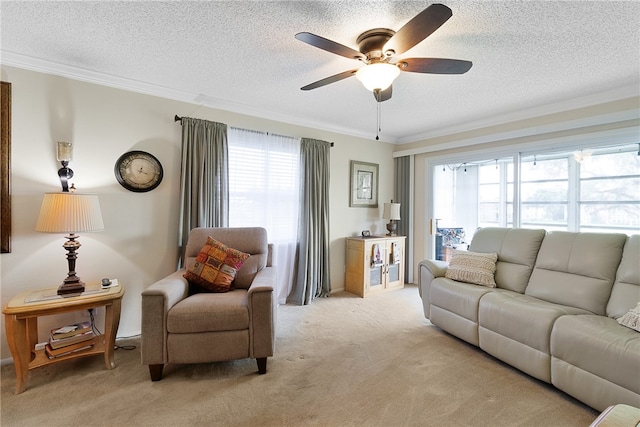 carpeted living room featuring ceiling fan, a textured ceiling, and ornamental molding