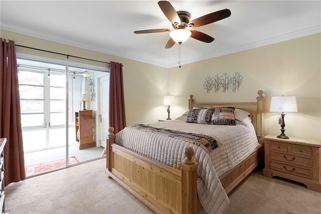 bedroom with access to exterior, light colored carpet, ceiling fan, and crown molding