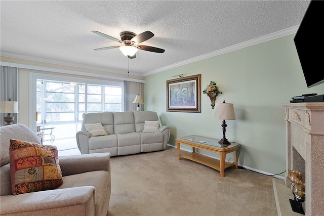 carpeted living room featuring ceiling fan, a textured ceiling, and ornamental molding