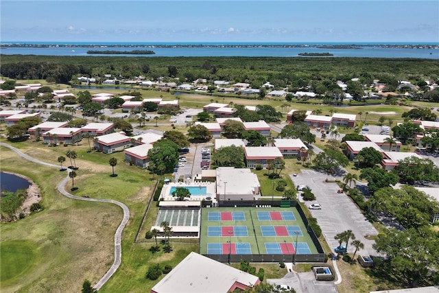 aerial view featuring a water view