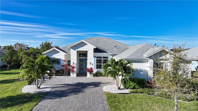 view of front of home with a shingled roof, a front yard, decorative driveway, and stucco siding