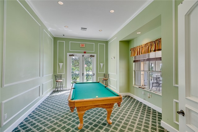 game room with carpet flooring, billiards, french doors, and ornamental molding