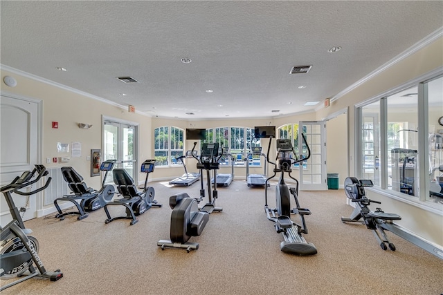 workout area with a textured ceiling, ornamental molding, and french doors