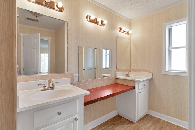 bathroom with vanity, ornamental molding, and a textured ceiling