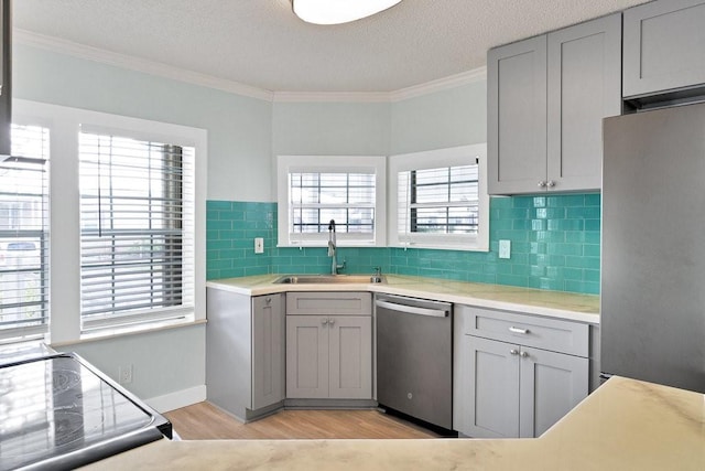 kitchen with plenty of natural light, sink, gray cabinetry, and stainless steel appliances