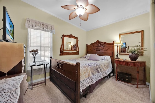 bedroom featuring light carpet, ceiling fan, and ornamental molding