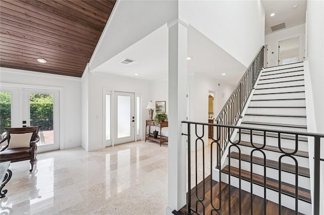 1786 Cypress Ln, Vero Beach, FL 32963 - foyer entrance featuring french doors, stairway, recessed lighting, and wood ceiling