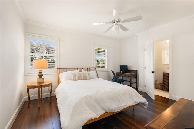 bedroom featuring ceiling fan, dark wood-type flooring, and crown molding