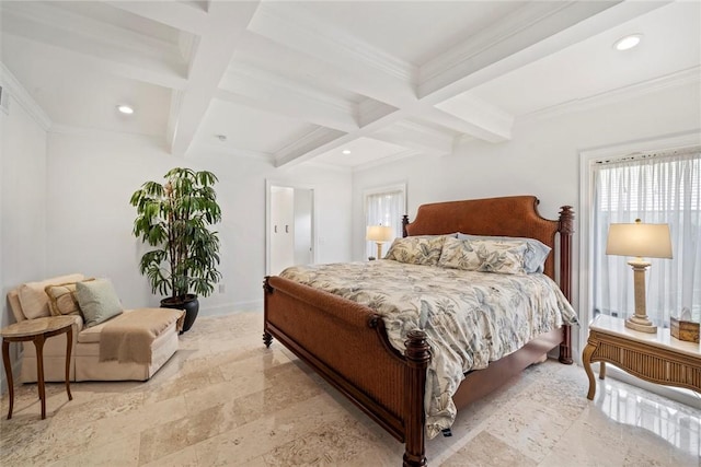 bedroom with beamed ceiling, ornamental molding, and coffered ceiling