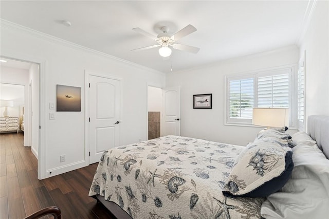 1786 Cypress Ln, Vero Beach, FL 32963 - bedroom with crown molding, dark wood-type flooring, baseboards, and ceiling fan