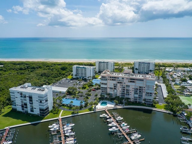 bird's eye view with a water view