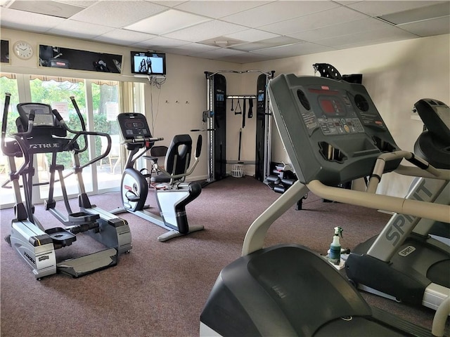 exercise room with a drop ceiling and carpet flooring