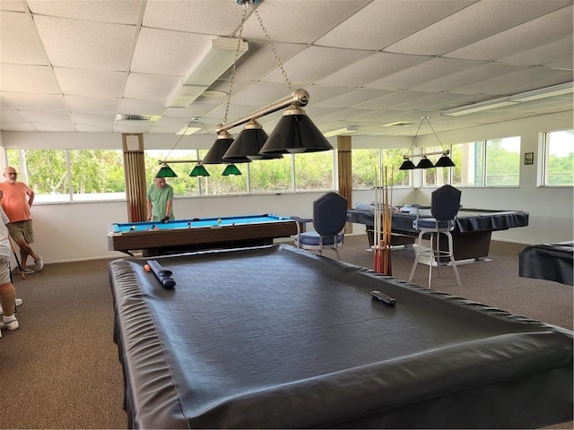 recreation room featuring carpet, a paneled ceiling, visible vents, billiards, and baseboards