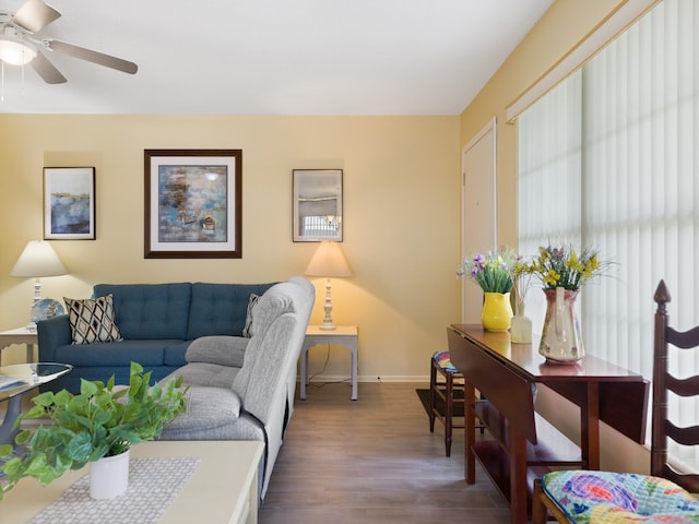 living room with ceiling fan and hardwood / wood-style flooring