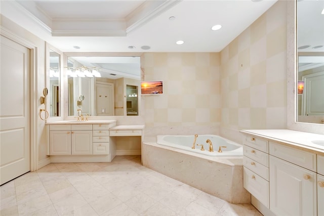 bathroom featuring vanity, crown molding, and a relaxing tiled tub