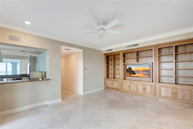 unfurnished living room featuring ceiling fan and crown molding