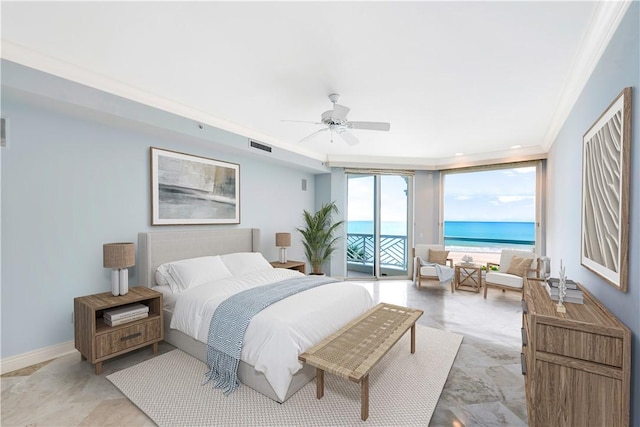 bedroom featuring crown molding, visible vents, a water view, access to exterior, and baseboards
