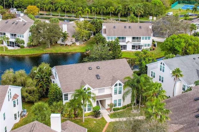 bird's eye view with a water view