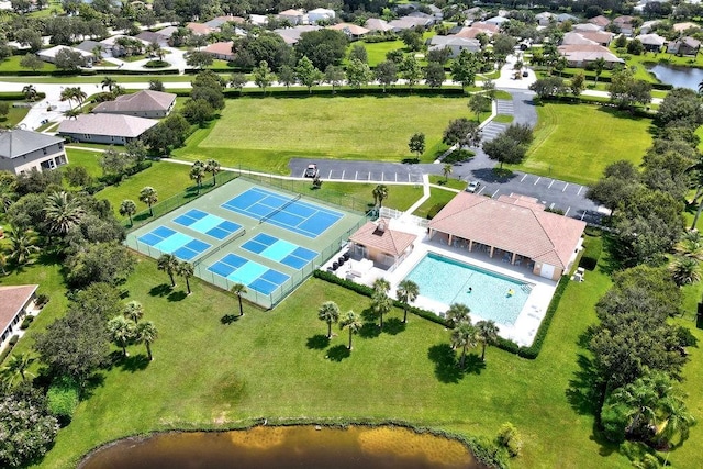 drone / aerial view with a water view