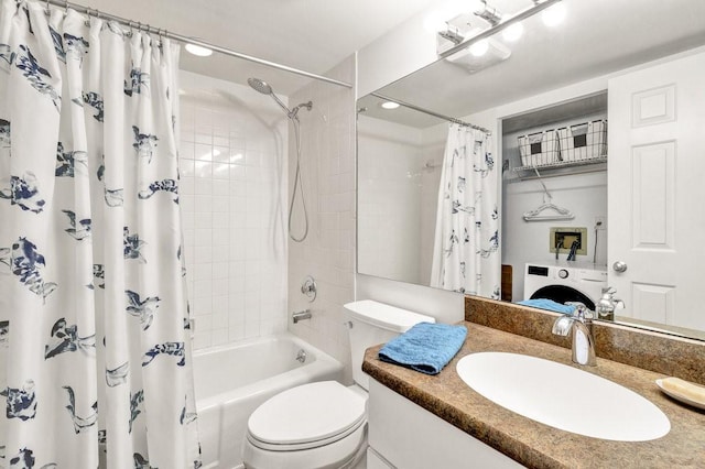 full bathroom featuring vanity, washer / dryer, toilet, and shower / bath combo with shower curtain