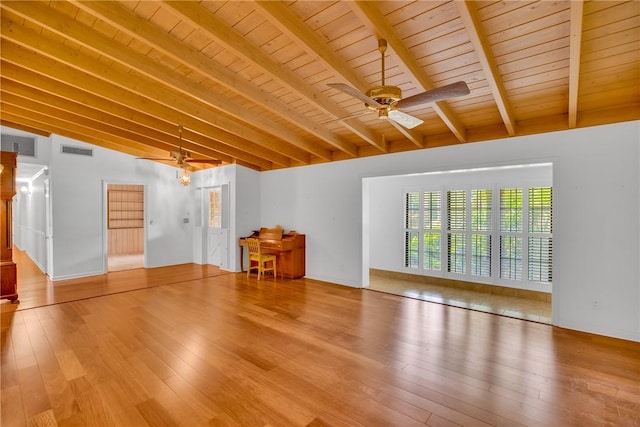 unfurnished living room with vaulted ceiling with beams, ceiling fan, wood-type flooring, and wood ceiling