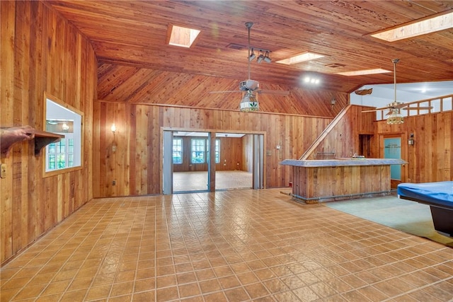 game room featuring billiards, vaulted ceiling, ceiling fan, bar, and wood ceiling