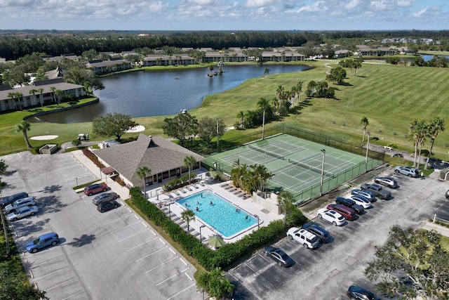 drone / aerial view with a water view