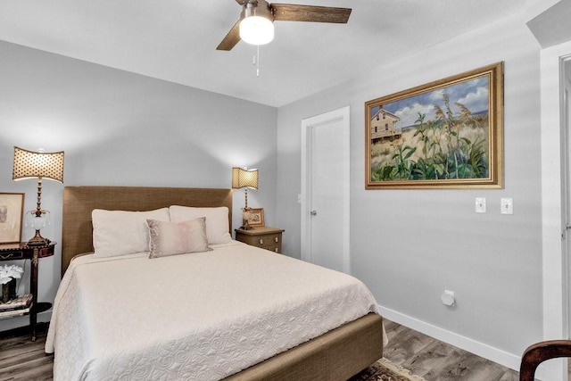 bedroom with ceiling fan and wood-type flooring