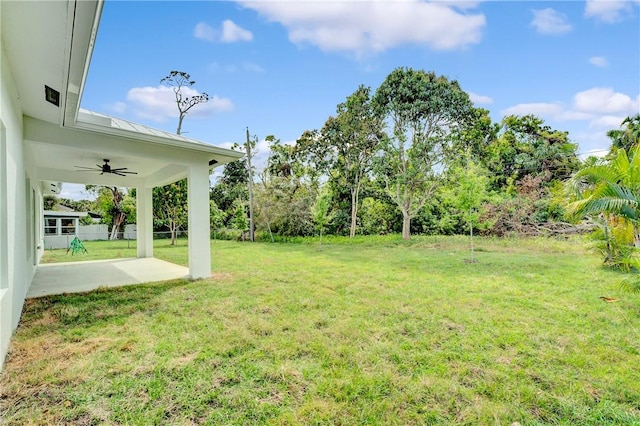 view of yard with a patio and a ceiling fan