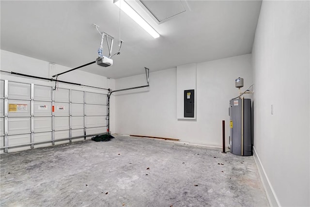 garage featuring electric panel, baseboards, a garage door opener, and water heater