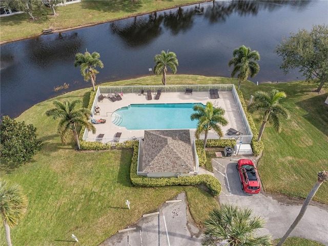 drone / aerial view featuring a water view