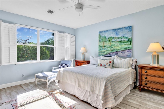 bedroom featuring light hardwood / wood-style floors and ceiling fan