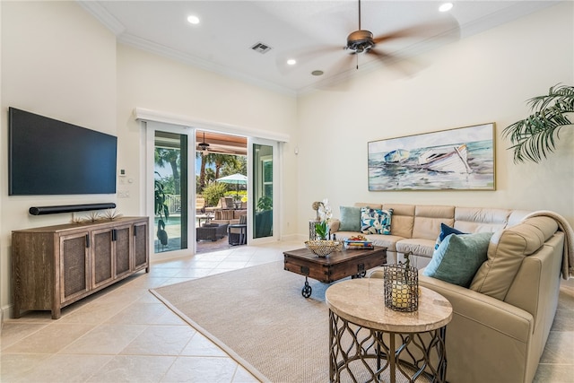 living room featuring ornamental molding, recessed lighting, visible vents, and ceiling fan