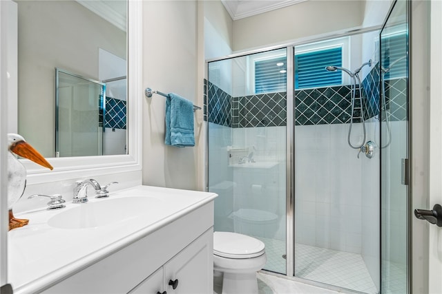 full bathroom featuring toilet, a shower stall, ornamental molding, and vanity