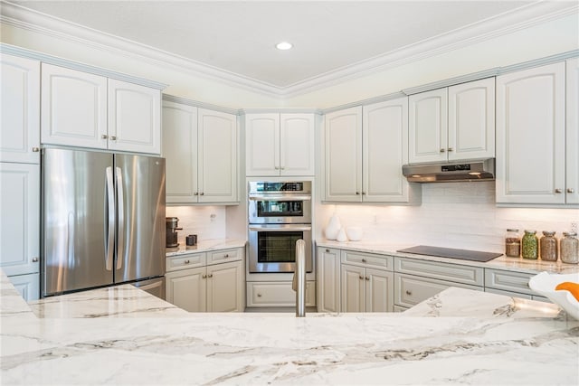 kitchen featuring tasteful backsplash, ornamental molding, light stone countertops, stainless steel appliances, and under cabinet range hood