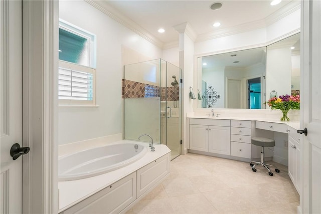 bathroom featuring a stall shower, crown molding, vanity, a bath, and recessed lighting