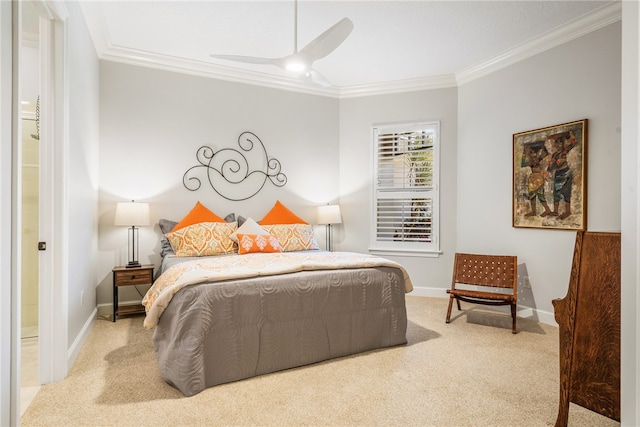 bedroom with baseboards, ceiling fan, ornamental molding, and light colored carpet