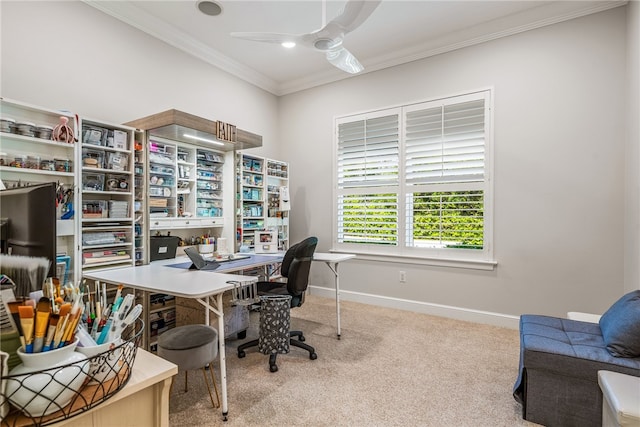 home office featuring ornamental molding, light colored carpet, baseboards, and a ceiling fan