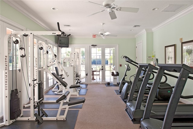 workout area with ornamental molding, french doors, and visible vents