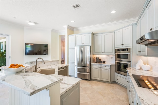 kitchen featuring light stone counters, visible vents, appliances with stainless steel finishes, a sink, and under cabinet range hood