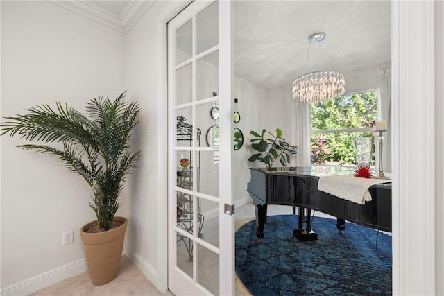 office featuring tile patterned floors, crown molding, and a chandelier