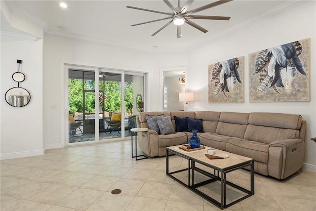 living room with ceiling fan, ornamental molding, and light tile patterned floors