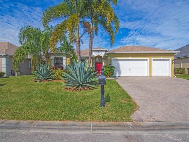 view of front of home featuring a garage and a front lawn