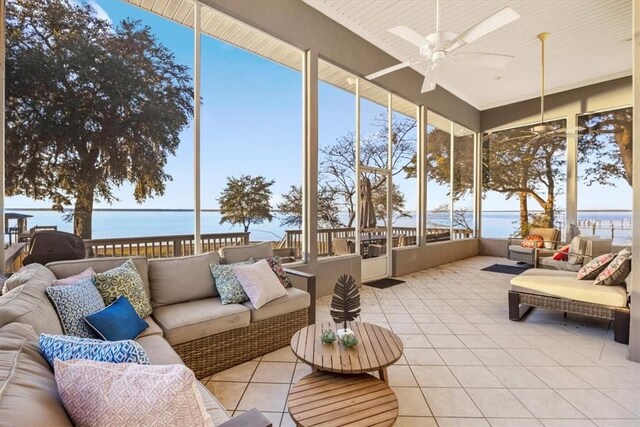 449 S Garcon Point Rd Fl, Milton, FL 32583 - sunroom with an outdoor living space, a ceiling fan, and a water view