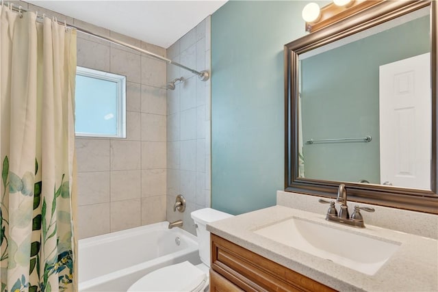 full bathroom with toilet, vanity, and shower / bath combo with shower curtain