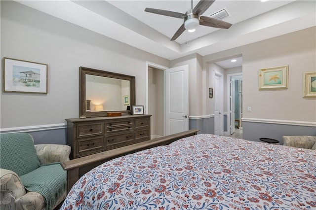 bedroom with recessed lighting, a ceiling fan, and visible vents