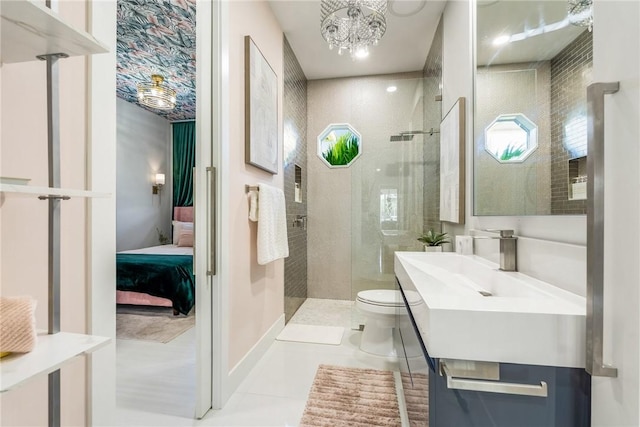 full bath featuring toilet, a stall shower, tile patterned flooring, a healthy amount of sunlight, and vanity