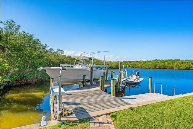 dock area with boat lift and a water view